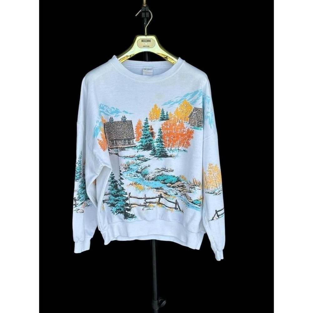 80's Vintage Lifestyles Sweatshirt Fall Nature Cabin Medium/Large *flaws